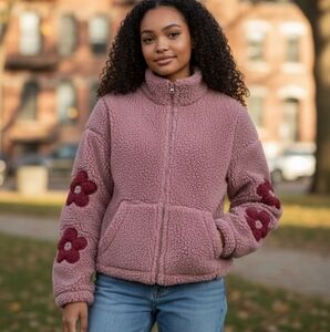 PacSun Pink Floral Teddy Sherpa Fleece Jacket